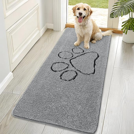 OLANLY Door Mat for Muddy Dog Paws 70x35, Ultra Absorbent Chenille Mud Doormat with Paw Print Design, Non-Slip Washable Doormat for Indoor Entryway, Quick-Dry Pet Bed Mats for Dirty Dogs, Grey