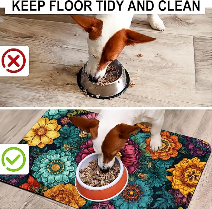 Vintage Floral Pet Feeding Mat-Quick Dry Absorbent Dog Cat Food Mat, Anti-Slip Water Bowl Mats for Messy Eaters-No Stains Indoor Pet Accessories 12"x20"