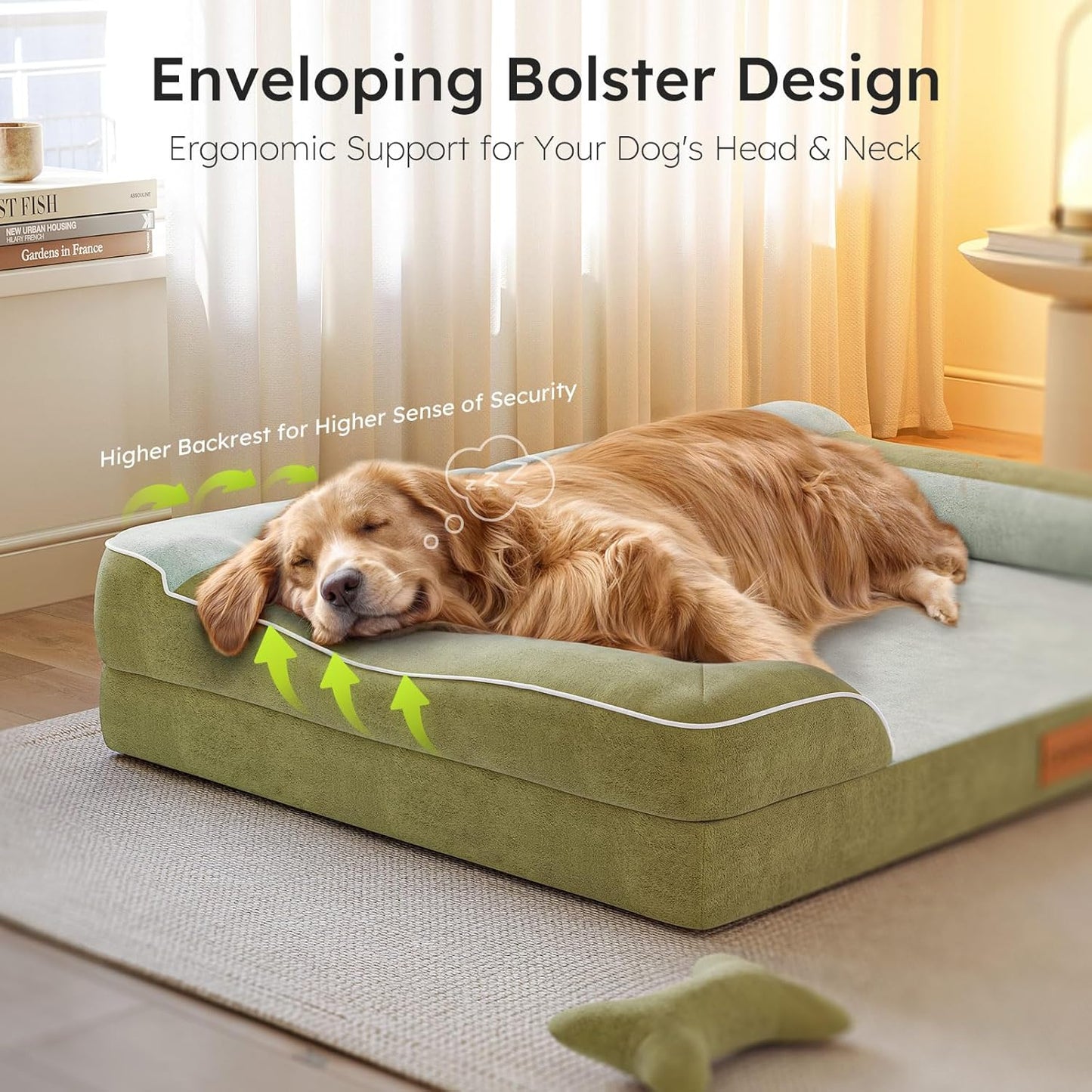 Dog Beds for Large Dogs, Orthopedic Dog Bed with Cooling Gel Memory Foam, Waterproof Large Pet Bed with Removable Washable Cover, 36" Pet Sofa Couch Dutch Velvet with Bone Toy, Dark Green