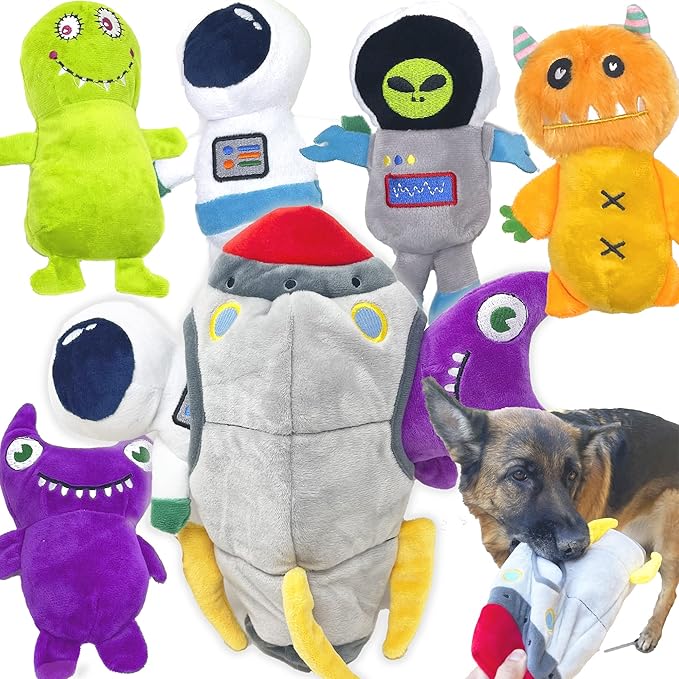 Jalousie Multipack Dog Squeaky Toys Strong Almost Indestructible, with Added Liner for Longer Play Dog Chew Toys (6 Pack Spaceship Hide and Seek)