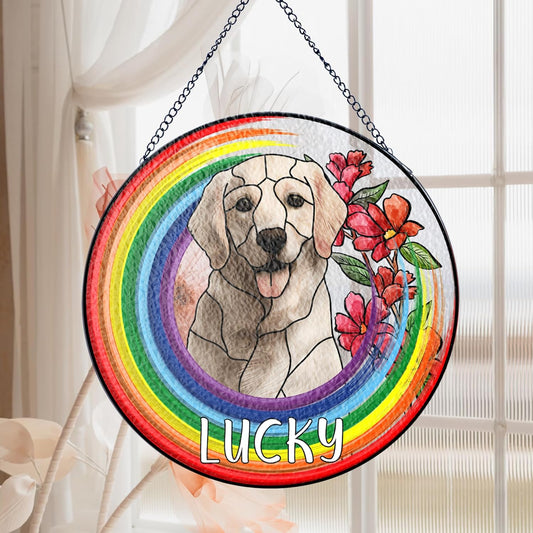 Lovely POD Personalized Pet Stained Glass Suncatcher, Custom Name Pet Photo Memorial Ornament Window Hanging, Remembrance Sympathy Gift for Loss of Pet Dog Cat, Bereavement Keepsake
