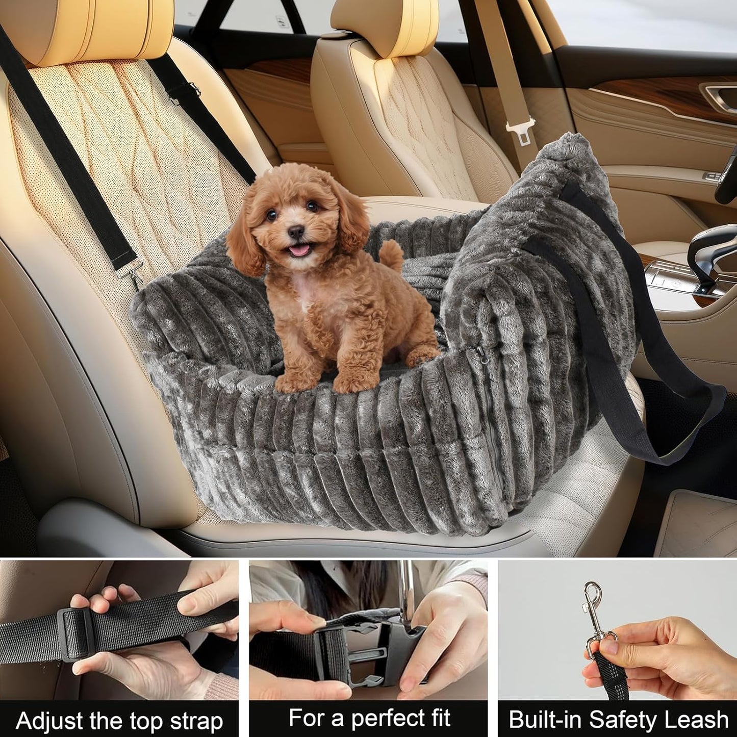 Dog Car Booster Seat, for Small Dogs Under 30 lbs, Detachable Washable Travel Bed with Storage Pockets and Safety Belt (Coffee, Medium)