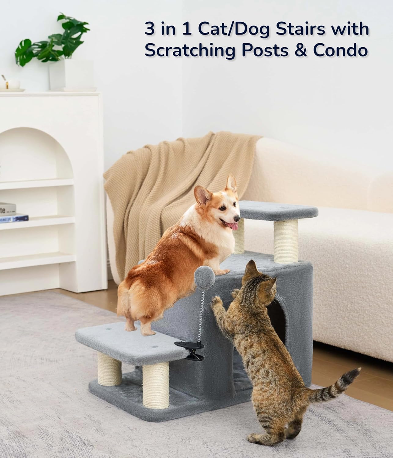 Happi N Pets Dog Stairs with Cat Scratching Post & Large Condo, Stable Pet Steps for High Beds Couch, 3 Combinations Cat Ramp Tree Tower for Cats or Small Dogs, Removable Cushion & Bonus Toy, Gray