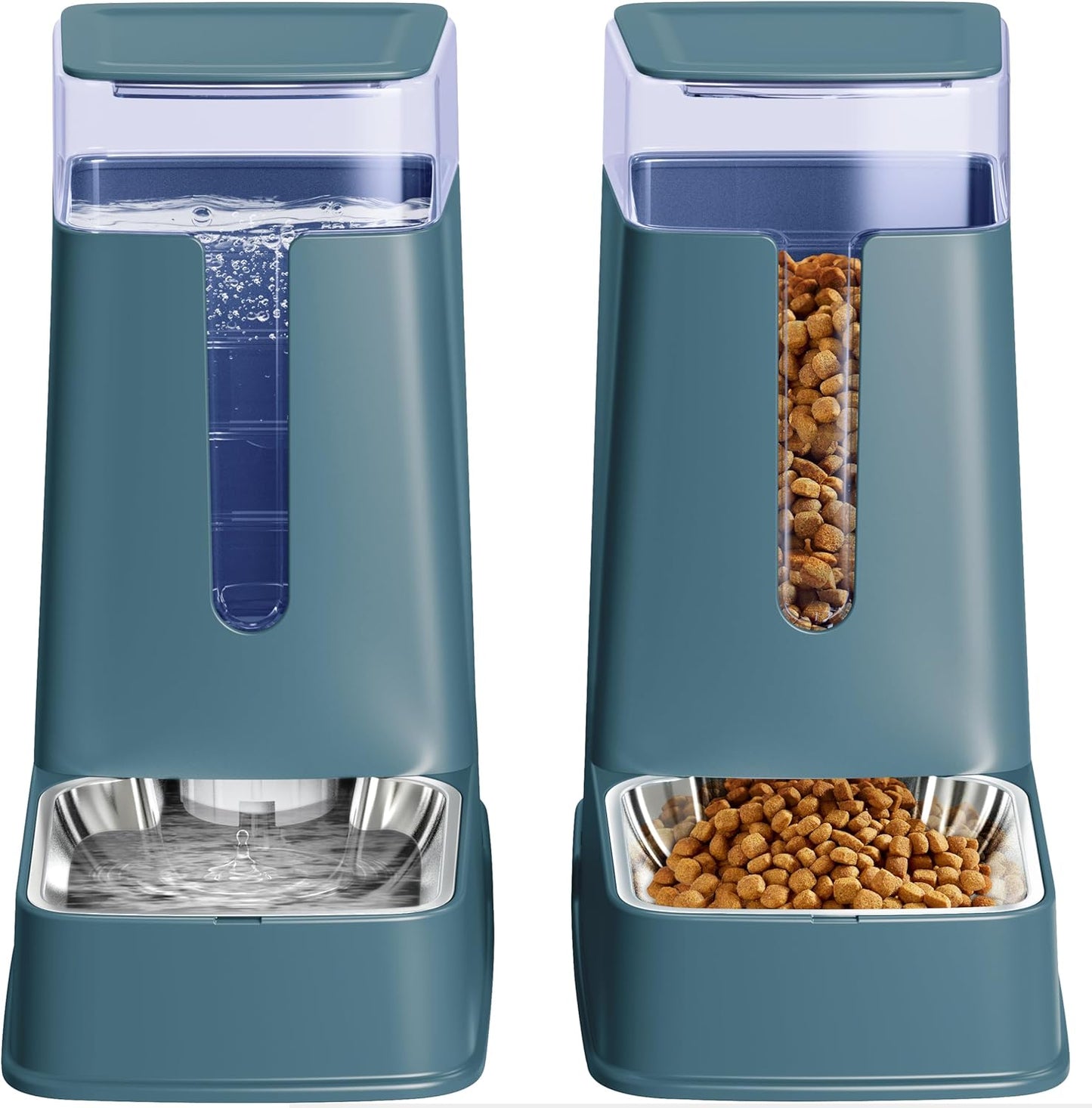 Cat Food Dispenser and Cat Water Dispenser Set with Stainless Steel Bowls Gravity Dog Feeder for Small Medium Big Cat Dog Pet Puppy Kitten, 1 Gallon x 2