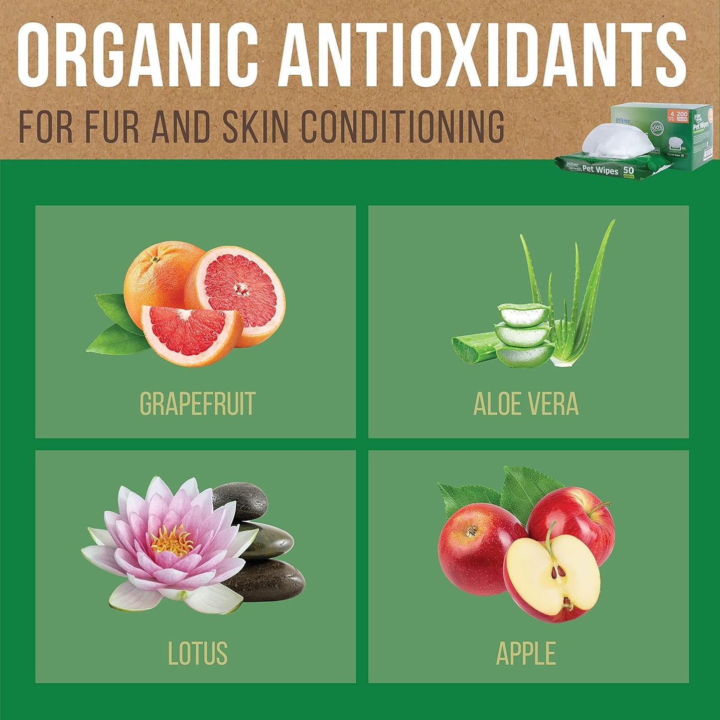 Inspire Naturals Pet Wipes for Dogs and Cats 100% Natural Plant Based with Organic Antioxidants, Dog Wipe Cleaning Deodorizing | Cat Wipes | Puppy Wipes | Dog Wipes for Paws and Butt (50ct - 1 Pack)