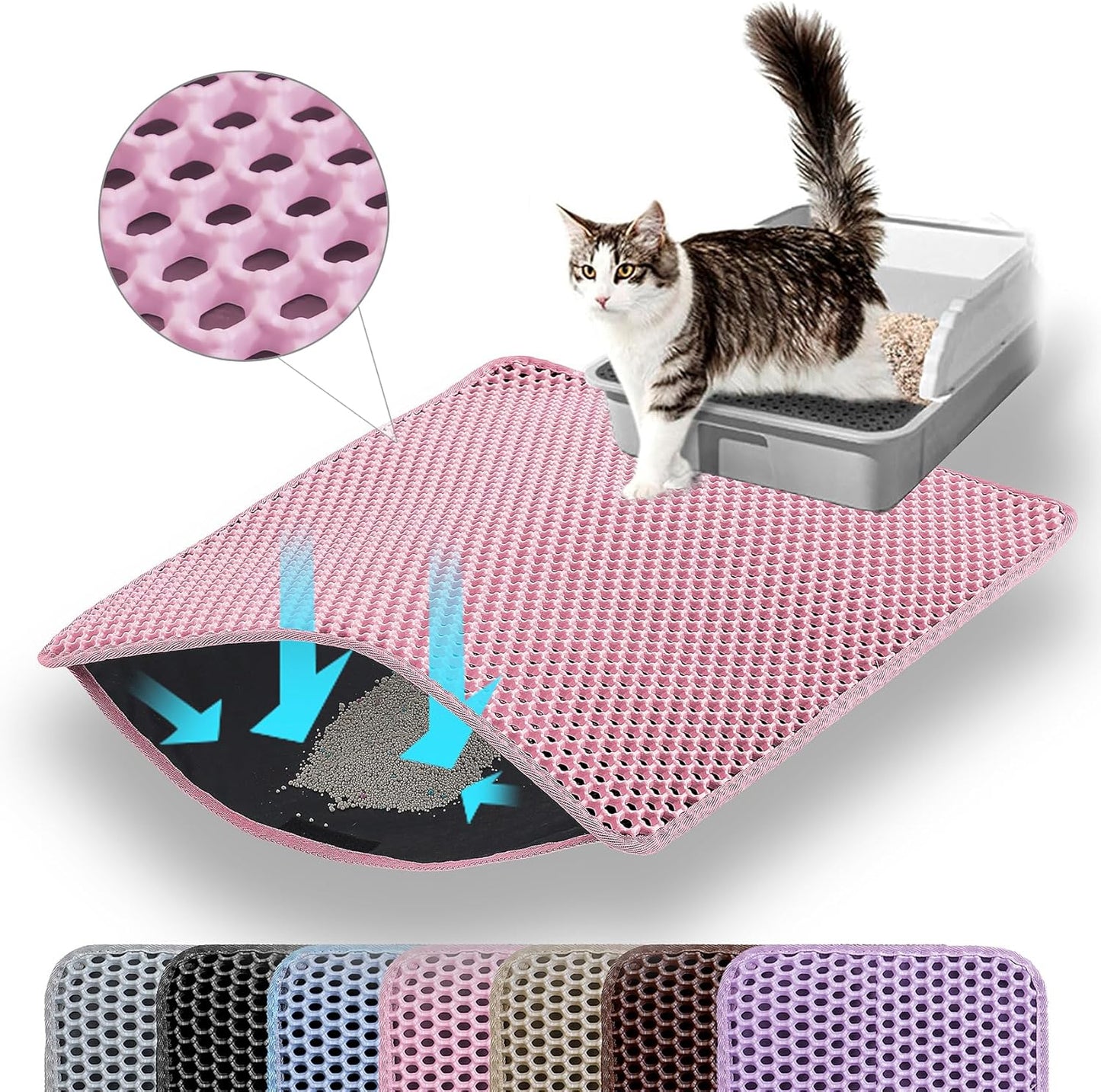 Cat Litter Mat, 24x18 Inches Large Double Layer Honeycomb Cat Litter Trapping Mat, Non Slip Waterproof Urine Proof Cat Litter Box Mat for Floor, Kitty Litter Rug, Cat Supplies, Pink