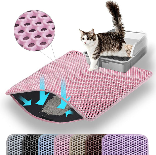 Cat Litter Mat, 24x18 Inches Large Double Layer Honeycomb Cat Litter Trapping Mat, Non Slip Waterproof Urine Proof Cat Litter Box Mat for Floor, Kitty Litter Rug, Cat Supplies, Pink