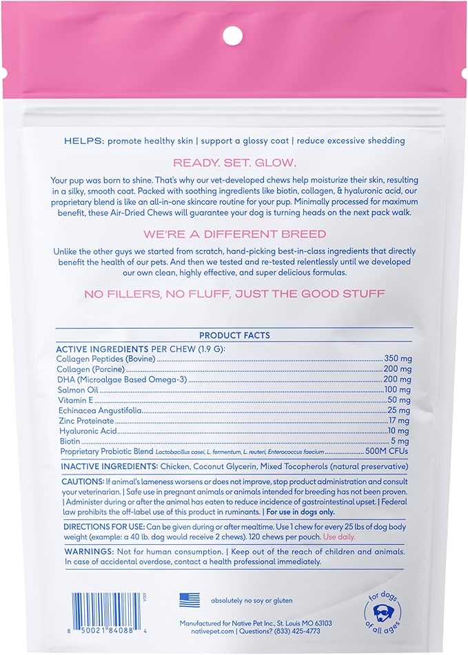 Native Pet Omega Skin and Coat Chews for Dogs - Dog Skin and Coat Supplement for Healthy, Shiny Fur, Reduce Shedding and Dry Spots - Made with Omega 3 Fish Oil and Wild-Caught Salmon Oil - 120 Chews