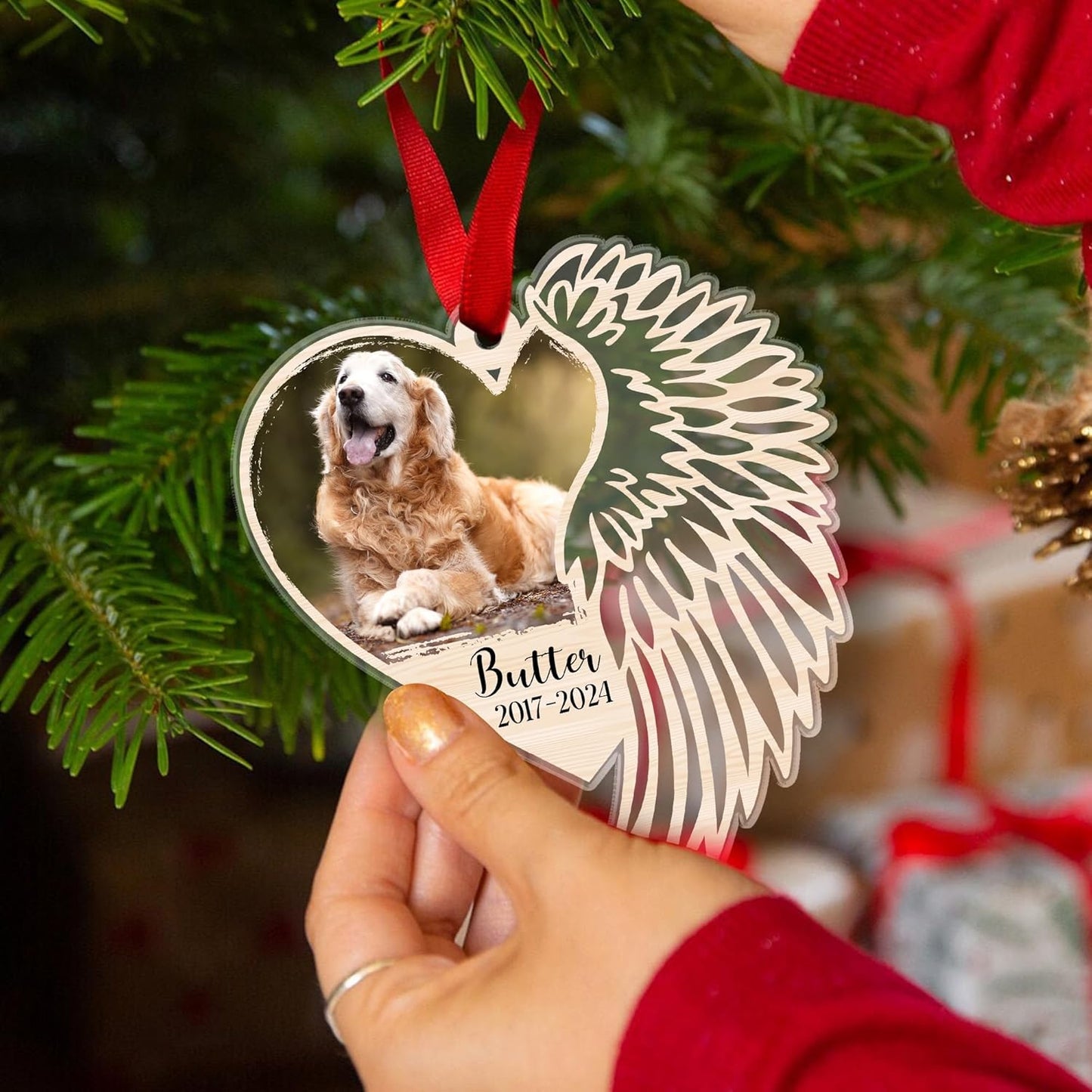Heart and Wing Memorial Dog Ornament, Valentine's Memorial Keepsake Ornament for Loss of Pet, Customizable with Photo, Name & Years, Valentine's Gift for Pet Lover (Dog Wings Memorial)