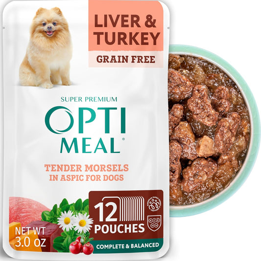 Optimeal Wet Dog Food Pouches - Grain Free Liver & Turkey Recipe, High Protein, Tender Morsels in Aspic Made with Natural Ingredients for Adult Dogs, Premium Nutrition - 3 oz, Pack of 12