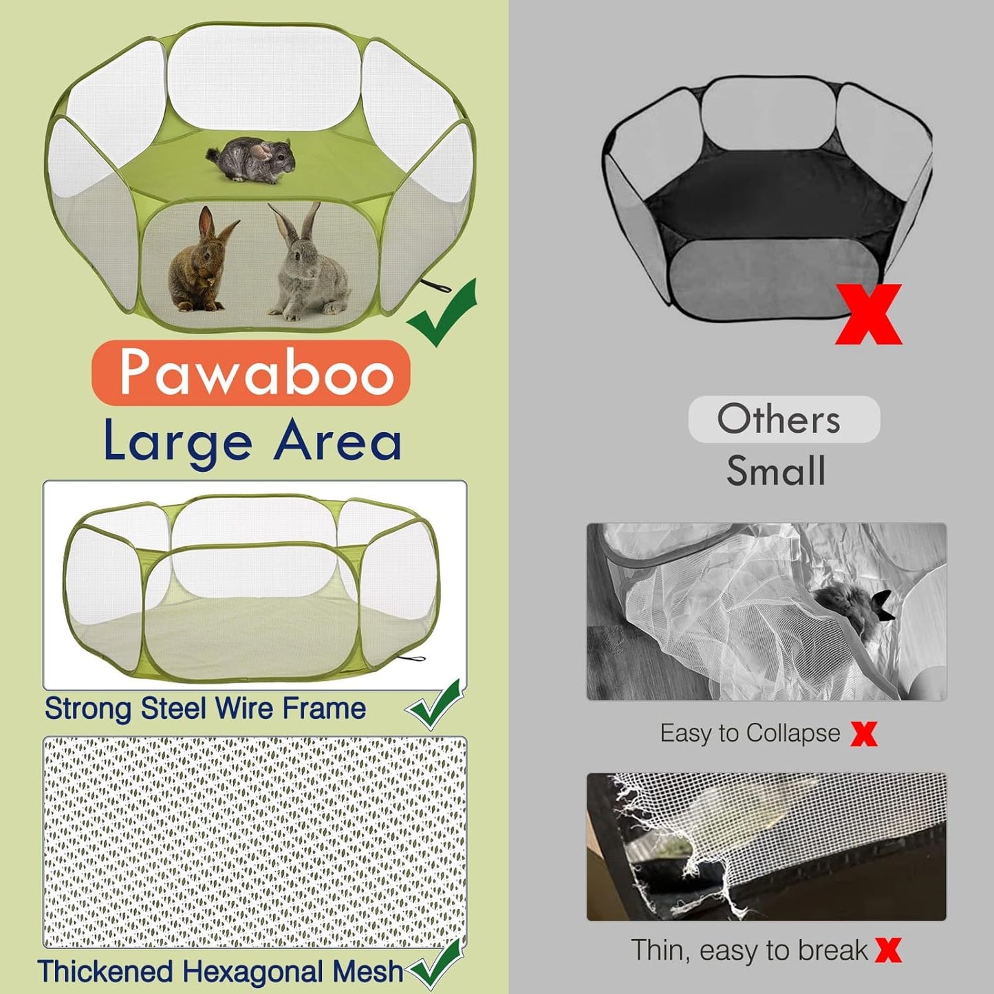 Pawaboo Small Animals Playpen, Waterproof Small Pet Cage Tent with Strong Steel Wire Frame, Portable Outdoor Yard Fence for Chick/Kitten/Puppy/Guinea Pig/Rabbits/Hamster/Chinchillas, Green