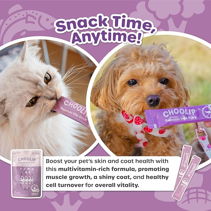 Squeeze Vita Stick Lickable Treats for Dogs & Cats. 7 Skin & Coat Support Sticks with Essential multivitamins. Soft and Tasty Paste for All Life Stages, Supporting Skin Health