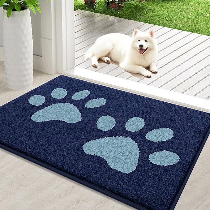 Buganda Dog Door Mat for Muddy Paws, Absorbent Dirt Trapper Washable Indoor Doormats, Non Slip Low-Profile Mud Mat for Dogs, Front Entrance Doormat for Inside Floor (36x24 Inches, Dark Blue)