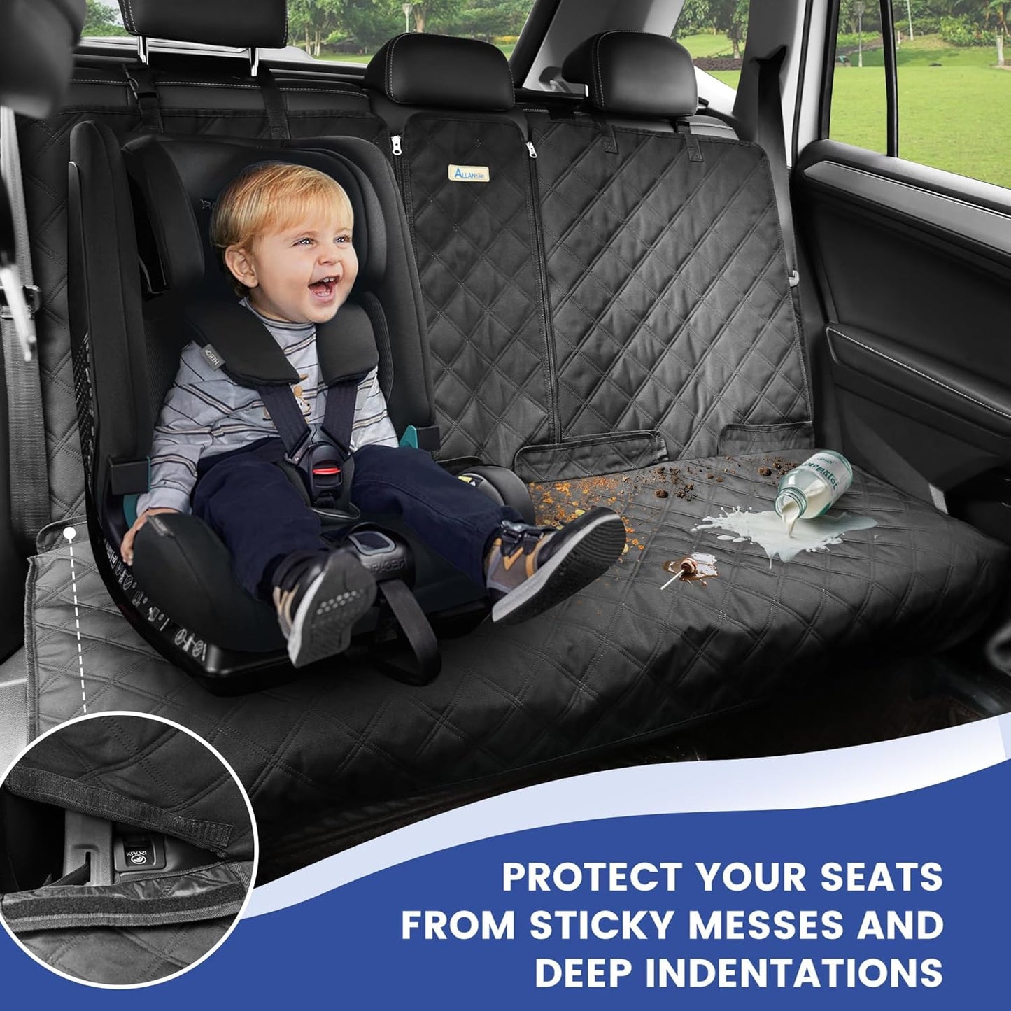 Back Seat Cover for Large SUVs/Trucks Rear Split Bench - Heavy-Duty 900D Waterproof Non-Slip Car Seat Protector for Messy Pet Dogs & Kids, Easy Clean(Black)