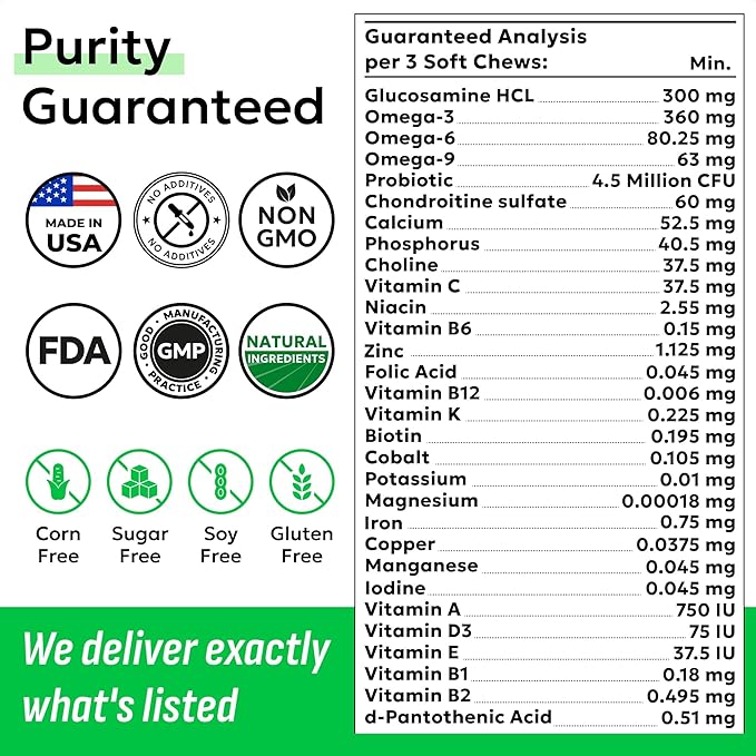 BARK&SPARK Dog Vitamins & Supplements - Multivitamin Chewable Treats for Dogs - Glucosamine Chondroitin for Joint Support + Omega for Skin & Coat + Probiotics - Multi Vitamin for Pets Health - 60Ct