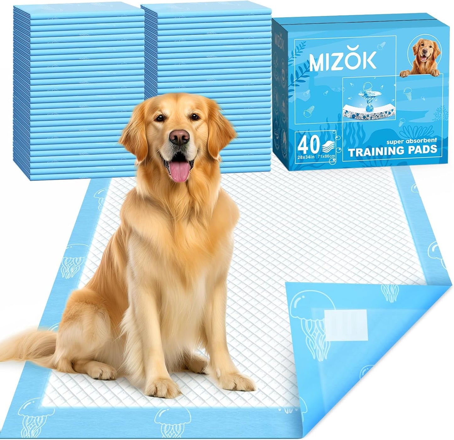 MIZOK Puppy Pads Extra Large 28"x34", 40 Count, XL Dog Pads Super Absorbent & Leak-Proof, Pee Pads for Dogs with Jellyfish Pattern