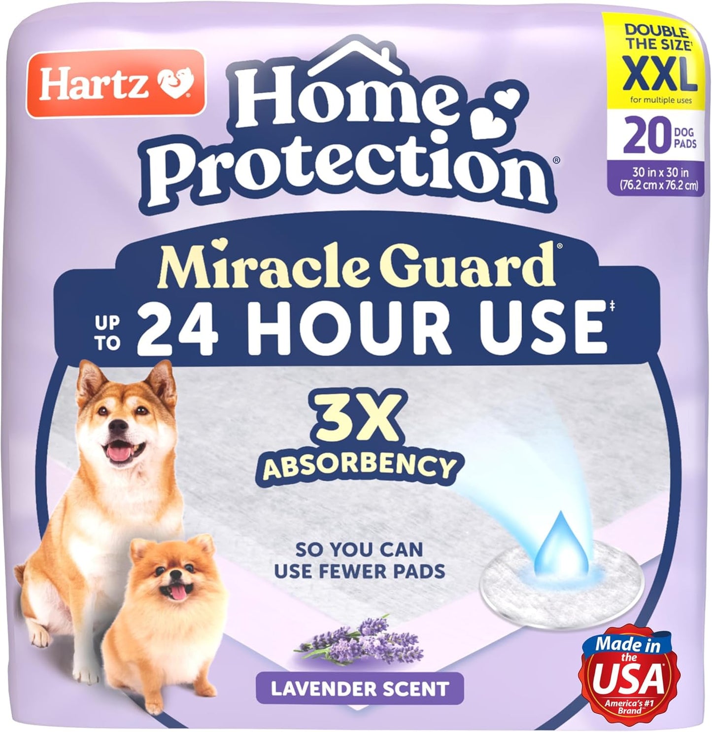 New! Hartz Home Protection Miracle Guard Lavender Scented Dog Pads, XXL Size 20 Count, 24 Hour Use, Won't Leak and Odor Eliminating