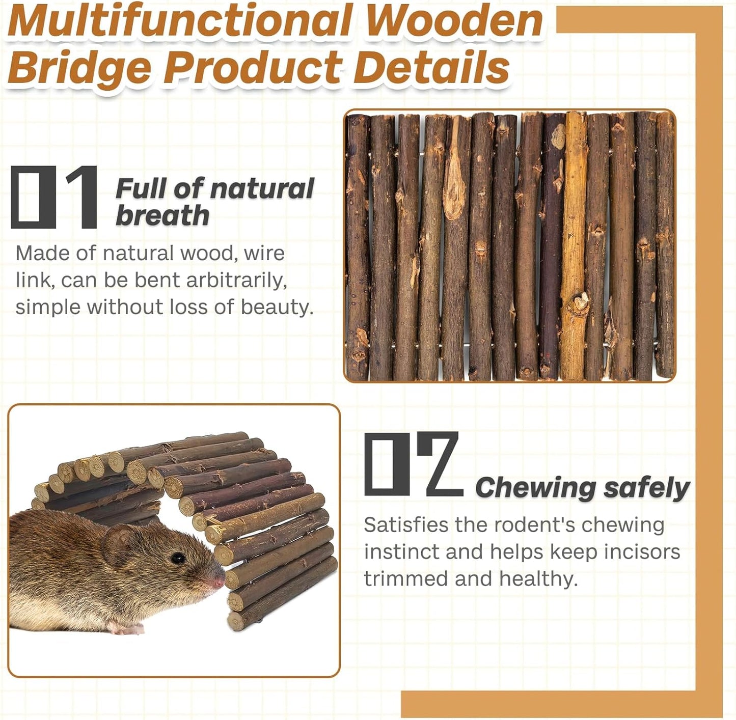 PINVNBY 2 PCS Hamster Toys, Wooden Hamster Ladder Bridge Tunnel Hide, Guinea Pigs Cage Accessories Natural Hideout for Small Animals Chinchillas Guinea Pigs Mouse Rat Ferret Rodents