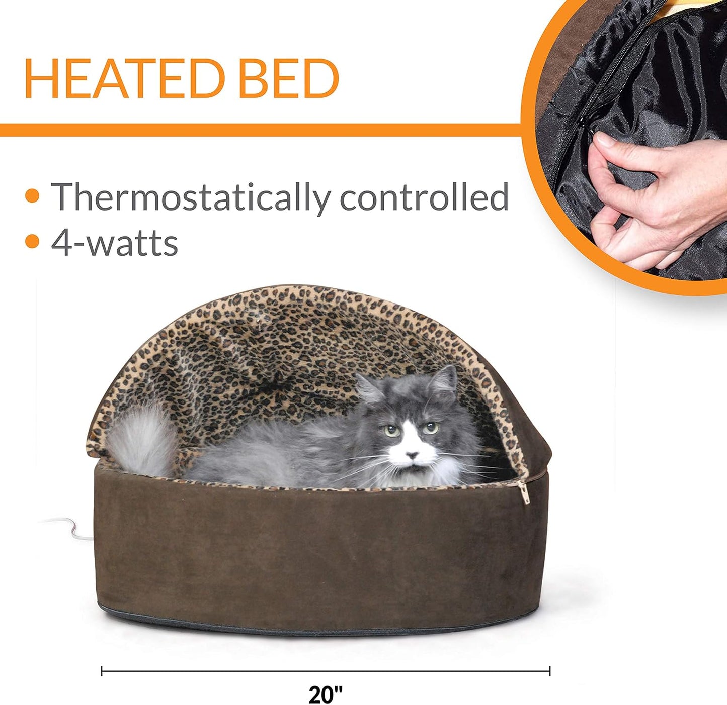 K&H Pet Products Thermo-Kitty Bed Deluxe Heated Cat Bed for Large Kitties - Indoor Heated Pet Bed for Dogs & Cats, Covered Cave Pet Tent, Machine Washable, Safety Listed - Large 20in Mocha/Leopard