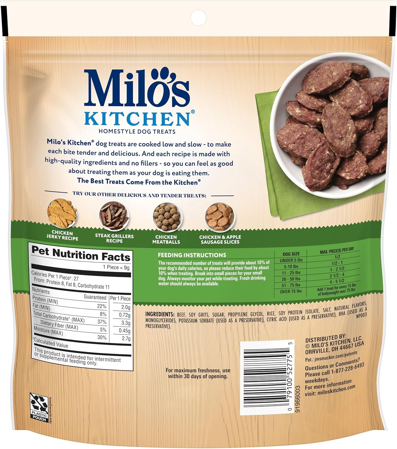 Milo's Kitchen Homestyle Dog Treats, Beef Sausage Slices, 10 Ounce, High Protein, No Artificial Flavors