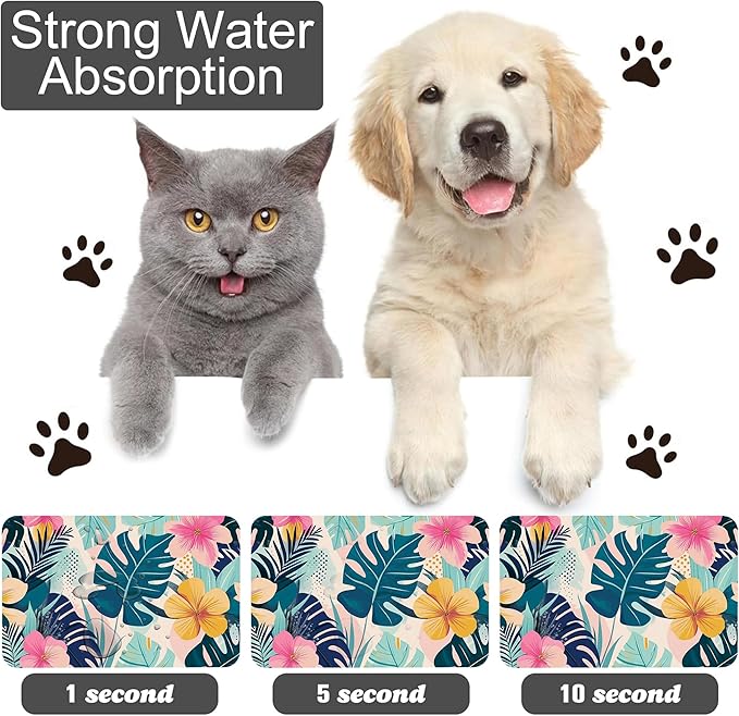 Tropical Leaves Flowers Pet Feeding Mat for Floors-Absorbent Dog Bowl Mat for Food and Water, Quick Dry Pet Cat Feeding Mats with Non Slip Bottom, Mess-Free Dog Accessories 16"x24"