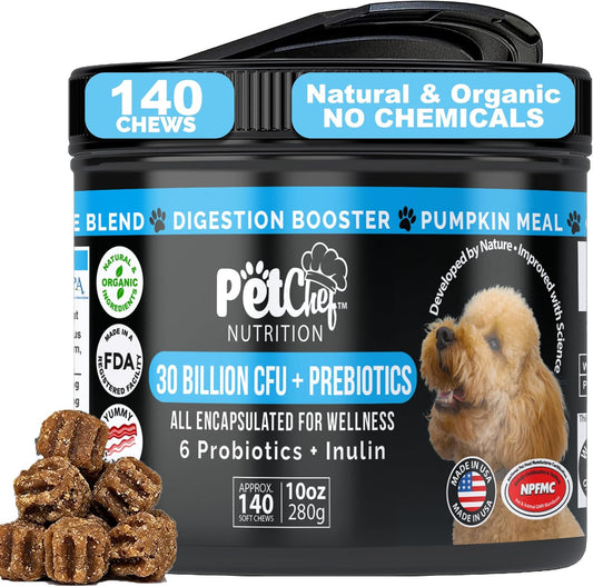Pet Chef Dog Probiotics: Cannine Gut Issues? Smelly Breath, Runny Eyes, Paw Licking. Imrove Dog Digestion Health. Multi Strain Pre & Probiotics for Dogs Fixes Poop Issues. 140ct Best Value!