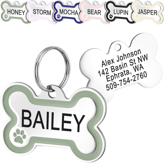 GoTags Stainless Steel Bone Dog Tag with Color Outline and Paw Print, Personalized Pet ID Tag for Dogs and Cats, Custom Engraving with up to 5 Lines of Text on Both Sides (Green, Small)
