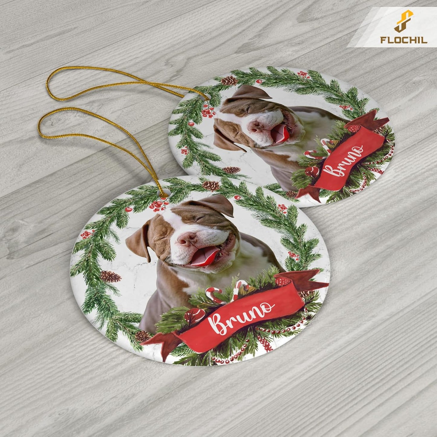 FLOCHIL Personalized Dog Christmas Ornaments, Custom Photo Name for Christmas Trees, Dog First Christmas Ornaments, Best Gifts for Pet Lovers