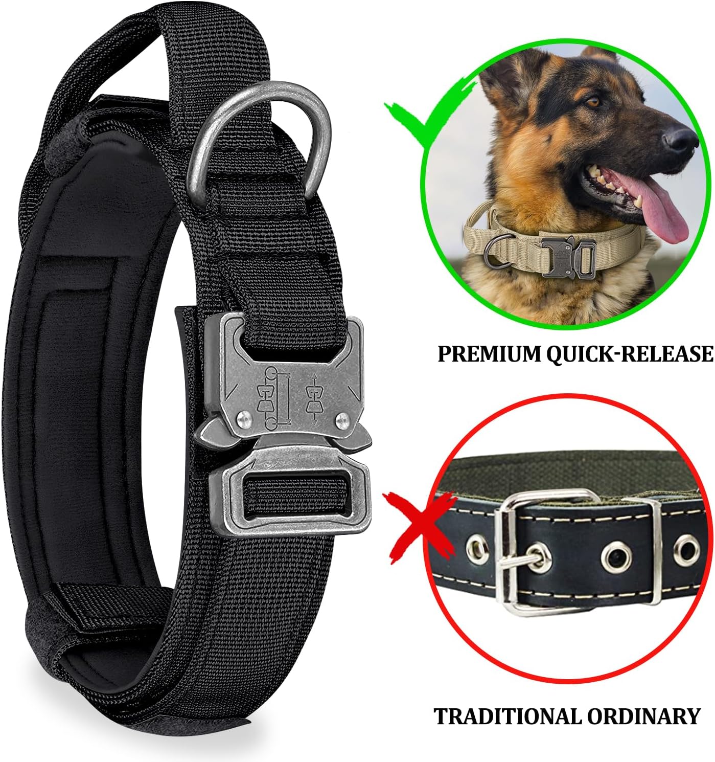COOYOO Dog Collar,3 Piece Set Tactical Dog Collars, Adjustable Military Training Nylon Dog Collar with Control Handle and Heavy Metal Buckle for Medium and Large Dogs