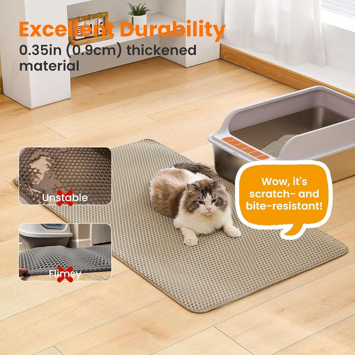 Jumbo Cat Litter Mat, 46x26 Inches Double Layer Honeycomb Litter Trapping Mat, Non Slip Waterproof Urine Proof Extra Large Cat Litter Box Mat, Kitten Supplies and Essentials, XXL, Beige