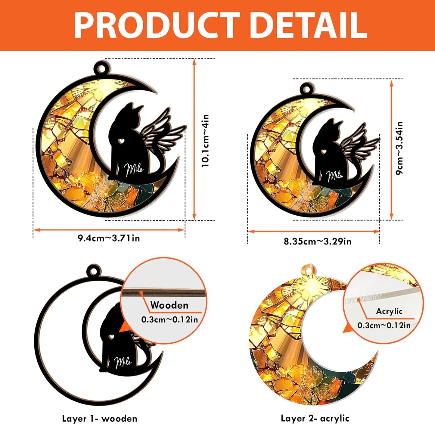 Personalized Cat Memorial Suncatcher – Crescent Moon Pet Loss Ornament with Angel Wings & Heart Cutout – Custom Rainbow Stained Glass Cat Bereavement Gift for Window, Mirror, or Sympathy Display