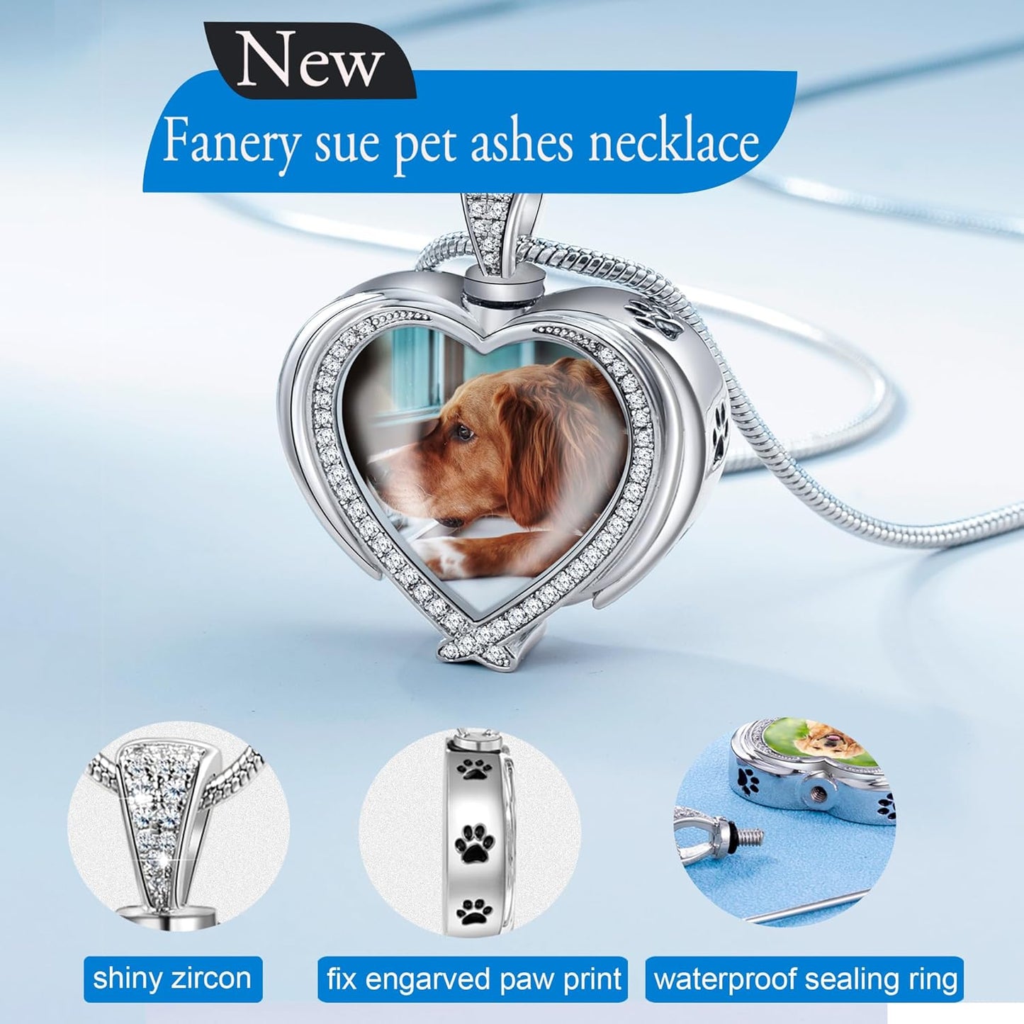 Fanery Sue Personalized Pet Ashes Necklace for Dog Cat Custom Photo&Text Pet Loss Sympathy Gift Cremation Jewelry