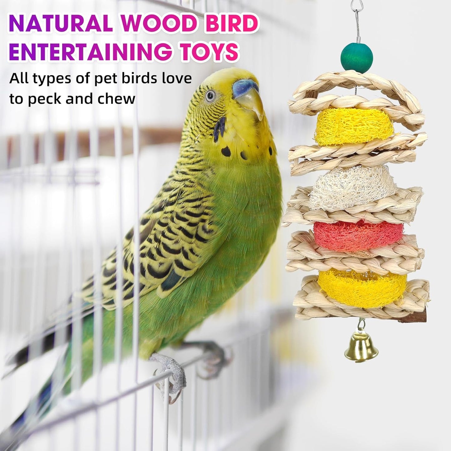 Natural Wood Bird Chew Toys, 7 Pack Hanging Parrot Cage Perch Stand for Parakeet, Cockatiel, Lovebird, Budgie
