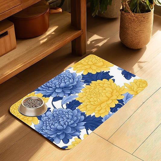 Blue Yellow Flowers Pet Cat Dog Food Mat-Absorbent Quick Dry Feeding Placemat for Water and Food, No Stains Rubber Base Mat for Indoor Use, Pet Accessories 12"x20"