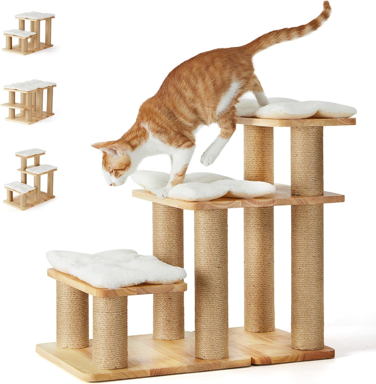 FUKUMARU Dog Stairs, Solid Wood Pet Stairs with Cat Scratching Post, Transformable Cat Ramp Can Hold Up to 200 lbs, 20 Inch Pet Steps for Dogs and Cats to Climb High Bed and Couch, Over 6 Combinations
