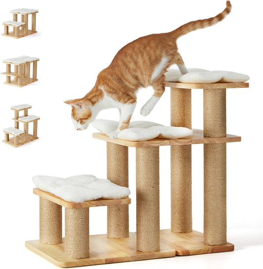 FUKUMARU Dog Stairs, Solid Wood Pet Stairs with Cat Scratching Post, Transformable Cat Ramp Can Hold Up to 200 lbs, 20 Inch Pet Steps for Dogs and Cats to Climb High Bed and Couch, Over 6 Combinations