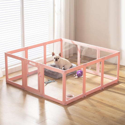 Clear Acrylic Plastic Dog Playpen Indoor - Easy Assemble Small Pet Play Pen for Puppy Cat Rabbit Pig Transparent Fence Enclosure Crate Kennel Whelping Cage (Pink, 12 Panel)