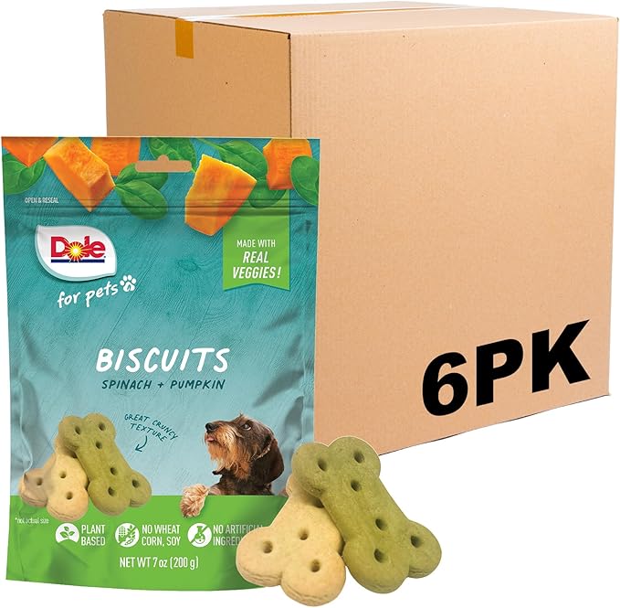 Dole for Pets Freshly Fetched Dog Biscuits, Spinach & Pumpkin Flavor Dog Treats | Real Veggies, No Wheat, Corn, Soy, Artificial Flavors, Colors, Preservatives, or Animal Products, 7 Ounce - 6 Pack