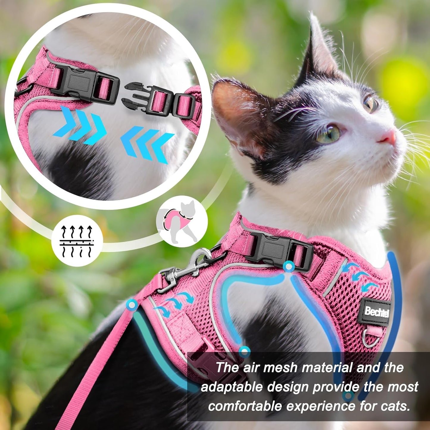 Cat Harness and Leash for Walking, The Upgrade Can be Adjusted in Four Directions and Breathable Cat Harness for Anti Escape That can be Fitted and Positioned, Reflective Strips Harness, Pink,M