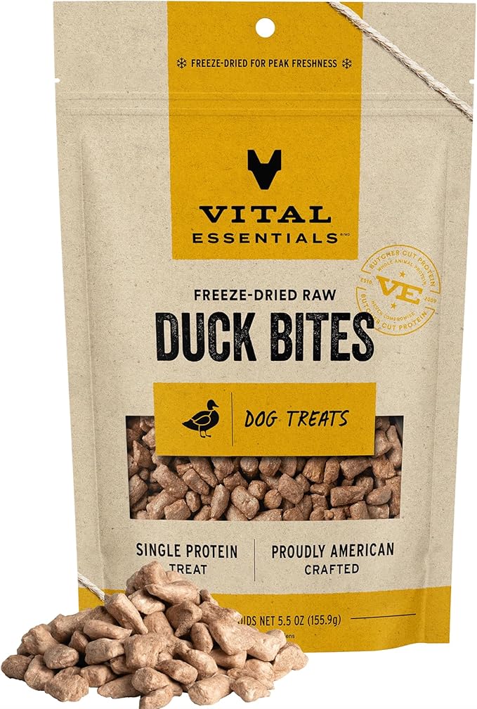 Vital Essentials Duck Bites Dog Treats, 5.5 oz | Freeze-Dried Raw | Single Protein | Premium Quality High Protein Training Treats | Grain Free, Gluten Free, Filler Free