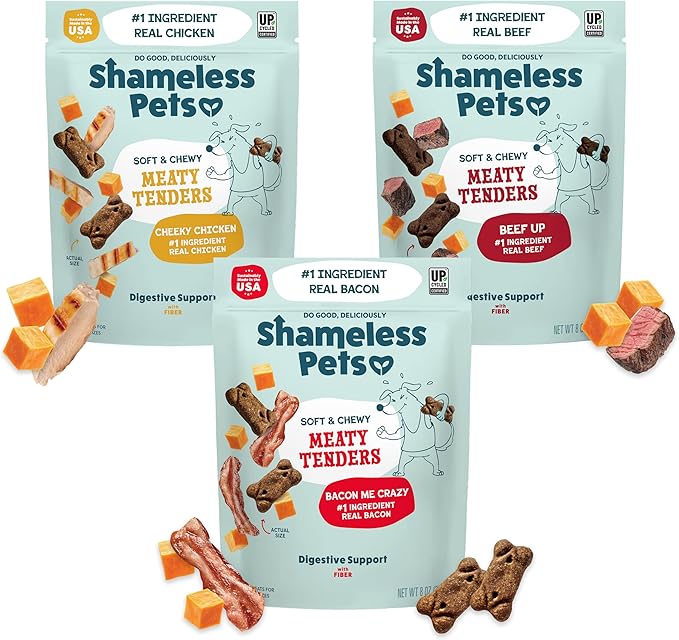 Shameless Pets Soft & Chewy Dog Treats, Meaty Tenders Variety (3-Pack) - Real Meat is 1st Ingredient - Grain Free, No Corn or Soy - Digestive Support - for Small, Medium & Large Dogs