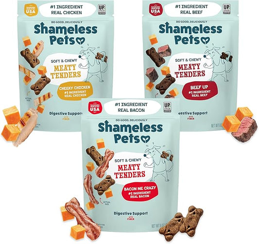 Shameless Pets Soft & Chewy Dog Treats, Meaty Tenders Variety (3-Pack) - Real Meat is 1st Ingredient - Grain Free, No Corn or Soy - Digestive Support - for Small, Medium & Large Dogs