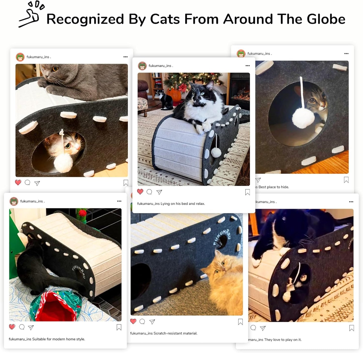 FUKUMARU Cat Beds for Indoor Pets, 31.5 Inches Extra-Large Cat Cave for Multi-Pet, Cozy House with Fluffy Ball Hanging, Scratch Resistant Felt Kitten Hideaway Bed, Feline Tunnel, Grey