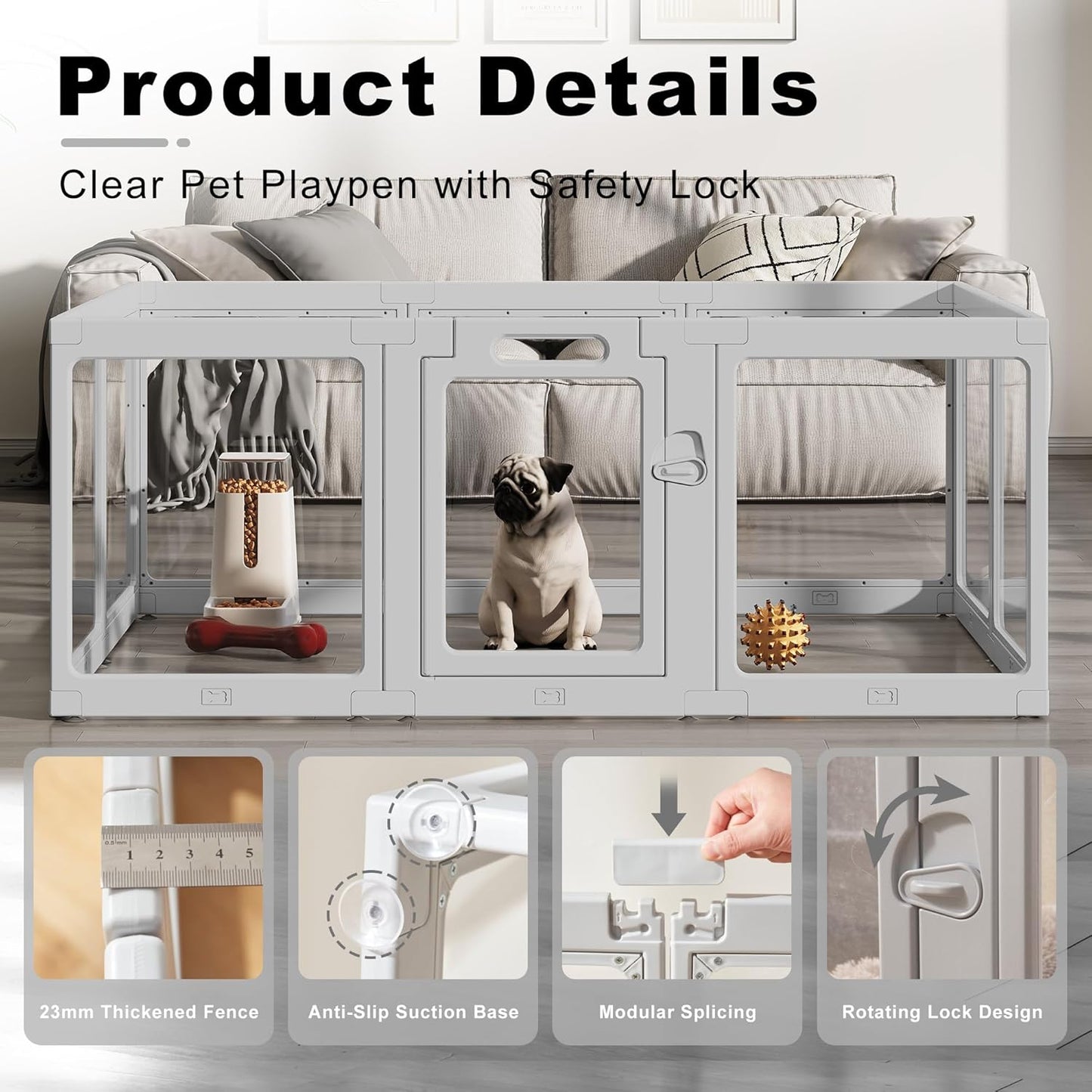 Clear Acrylic Dog Playpen Indoor, Puppy Cat Small Pet Play Pen, Pet Cat Foldable Playpen for Rabbits, Dog Fence Crate Kennel Whelping Cage (Grey, 10 Panel)