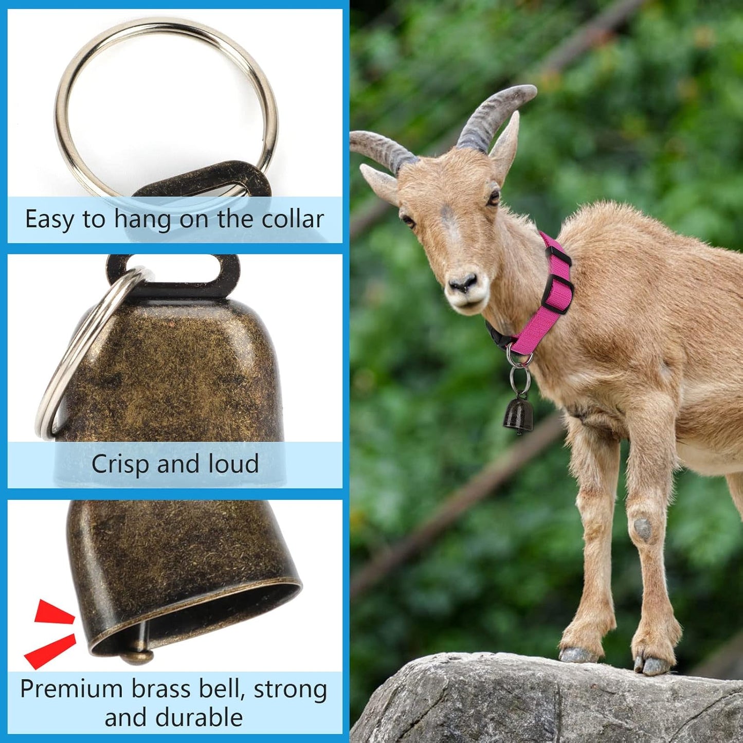 Goat Collars with Bell, 3 Pack Adjustable Sheep Collars with Quick Release Buckle Anti-Loss Bell, Durable Nylon pet Collar for Small Farm Goat Cow Horse Sheep