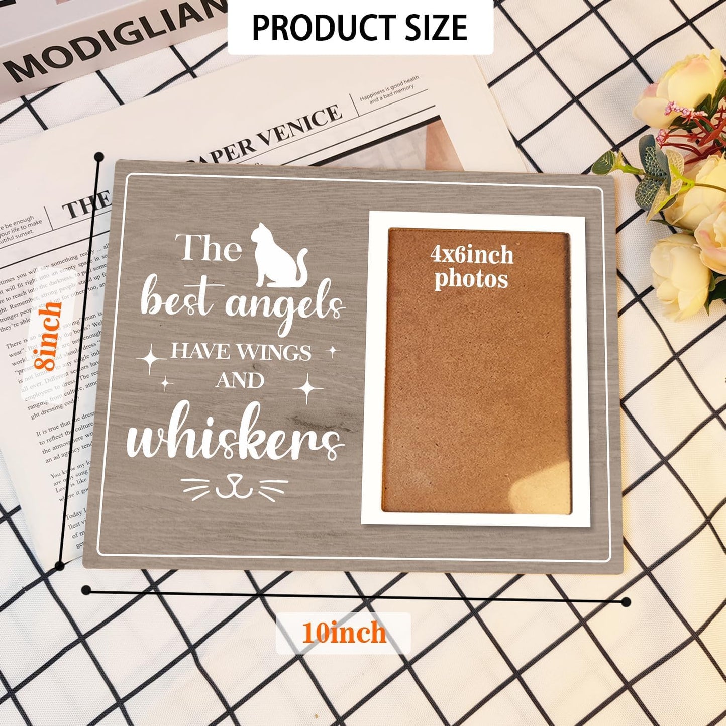 Cat Picture Frame, Cat Memorial Wooden Photo Frame, Pet Remembrance Gift, Sympathy Gift for Pet Owner, Cat Memorial Gifts for Loss of Cat, The Best Angels Have Wings and Whiskers (Gray, 4 x 6 Photo)