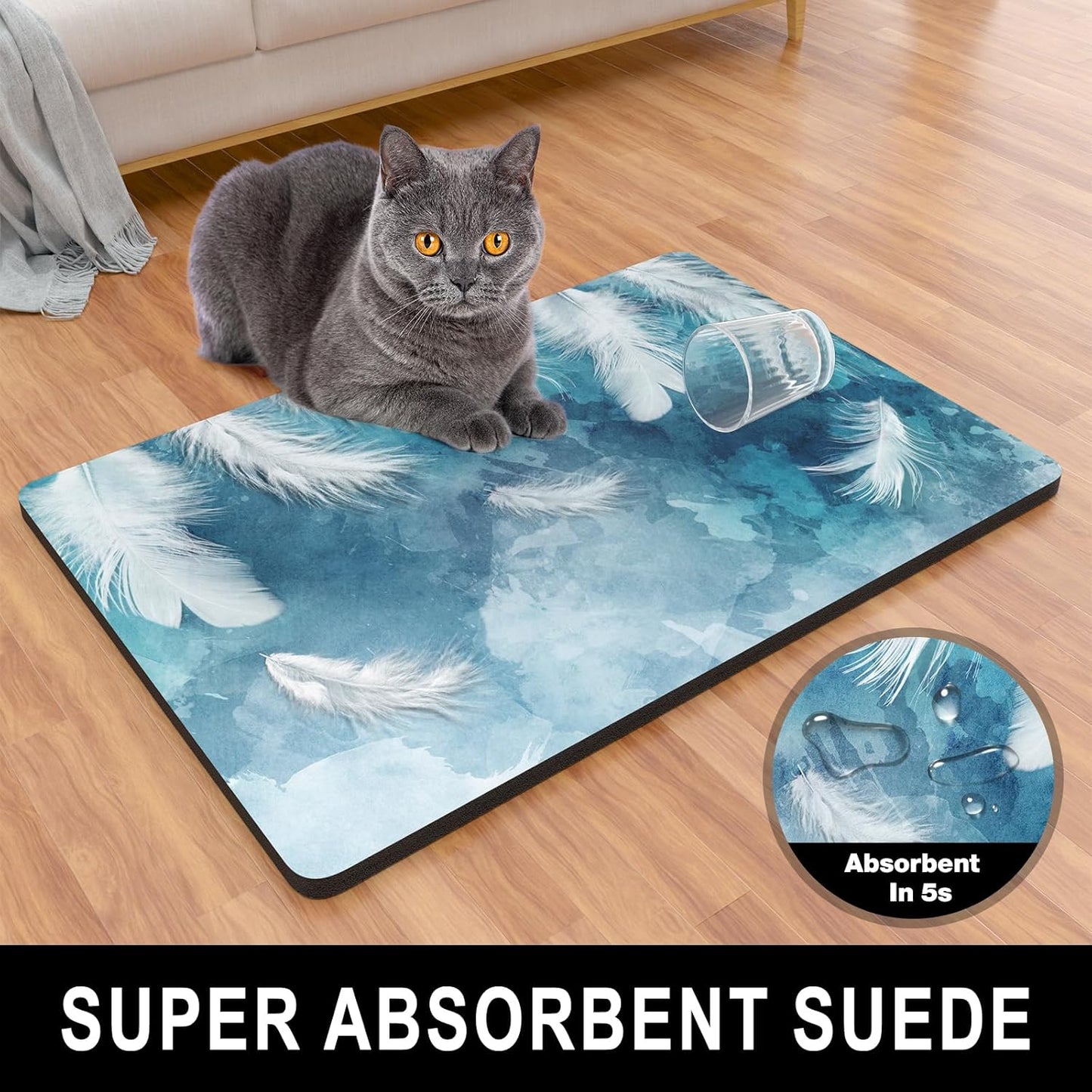 Dog Food Mat, 16" x 24" Absorbent Dog Cat Bowl Mat for Food and Water, Cute Anti-Slip Rubber Pet Feeding Rug Protect Floors, Washable Placemat for Feeding & Watering Supplies, Feather