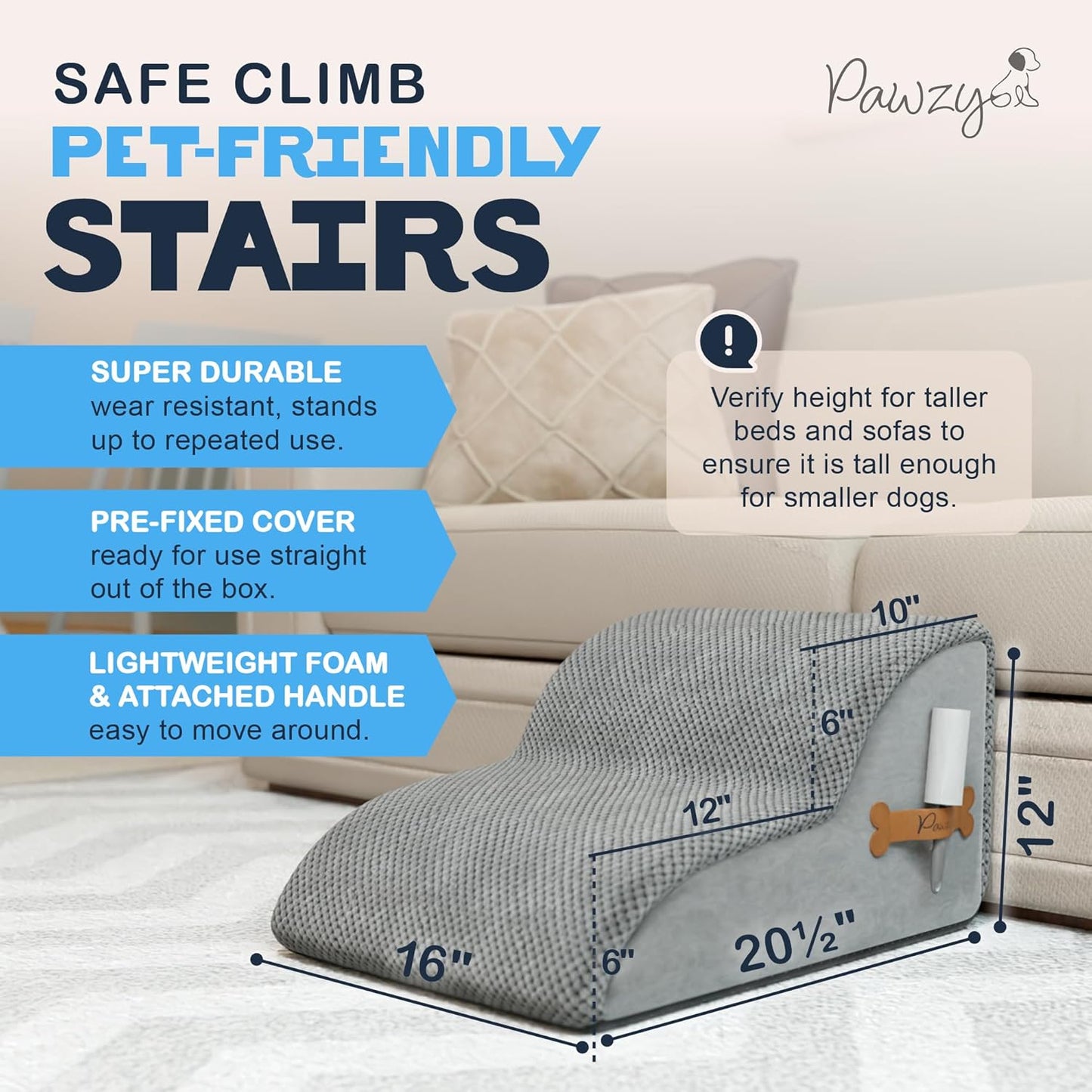 PAWZY Foam Pet Stairs for Small Dogs & Cats – 2-Step Dog Ramp 12” High, Wide Non-Slip Steps for Bed & Couch – Washable Pre-Fitted Cover (no Assembly Required), Waterproof Base – Grey