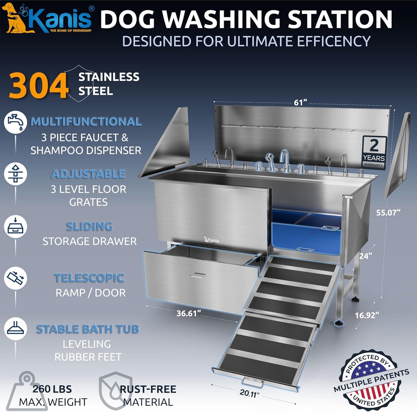 KANIS Professional Dog Washing Station - 304 Stainless Steel Pet Wash Sink & Grooming Bath Tub for Home with Ramp, Shower, Floor Grate, Storage Drawer, Faucet, Drain Kit for Large, Medium & Small Pets