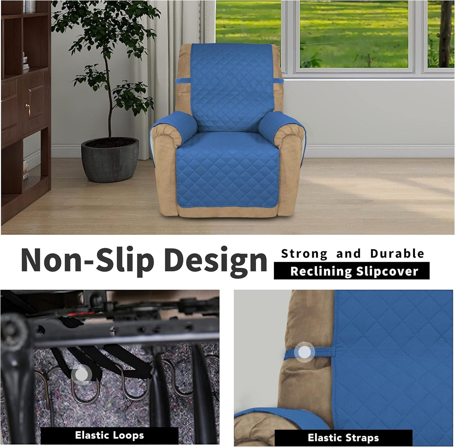 Easy-Going Recliner Chair Slipcover Reversible Sofa Cover Water Resistant Couch Cover Furniture Protector with Elastic Straps for Pets Dog (Recliner 22 inch, Blue/Ivory)